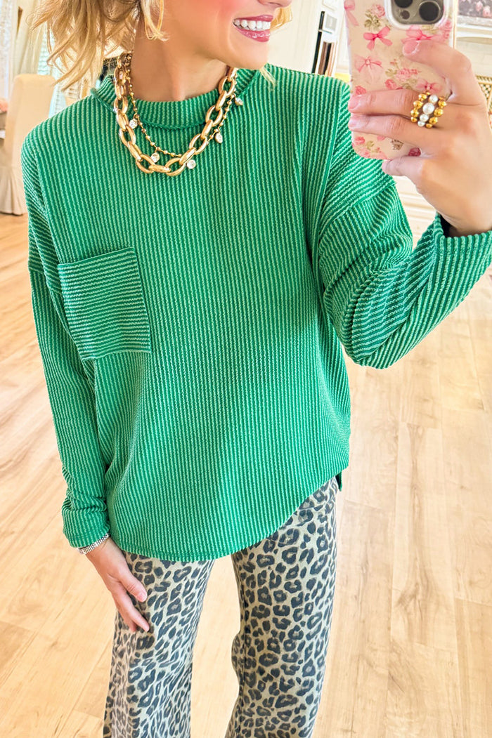 Ribbed Long Sleeve Drop Shoulder Top