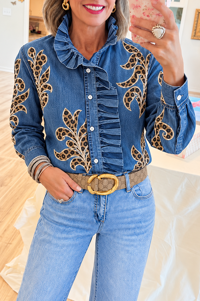 Casual Leopard Print Ruffle Denim Shirt
