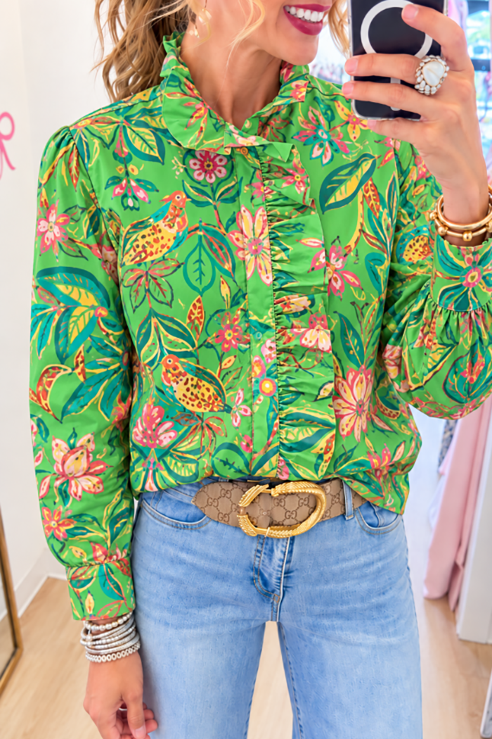 Green Bird Floral Ruffle Bow Long Sleeve Top
