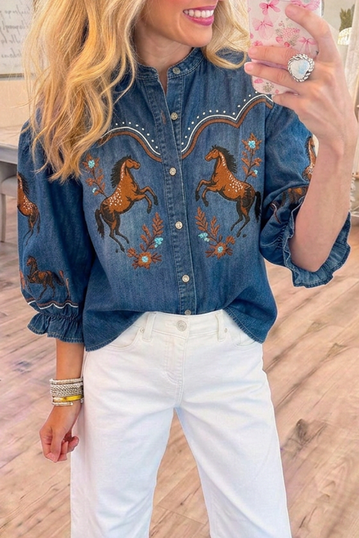 Denim Stand Collar Button Front 3/4 Ruffle Cuff Puff Sleeve Western Horse Embroidered Top