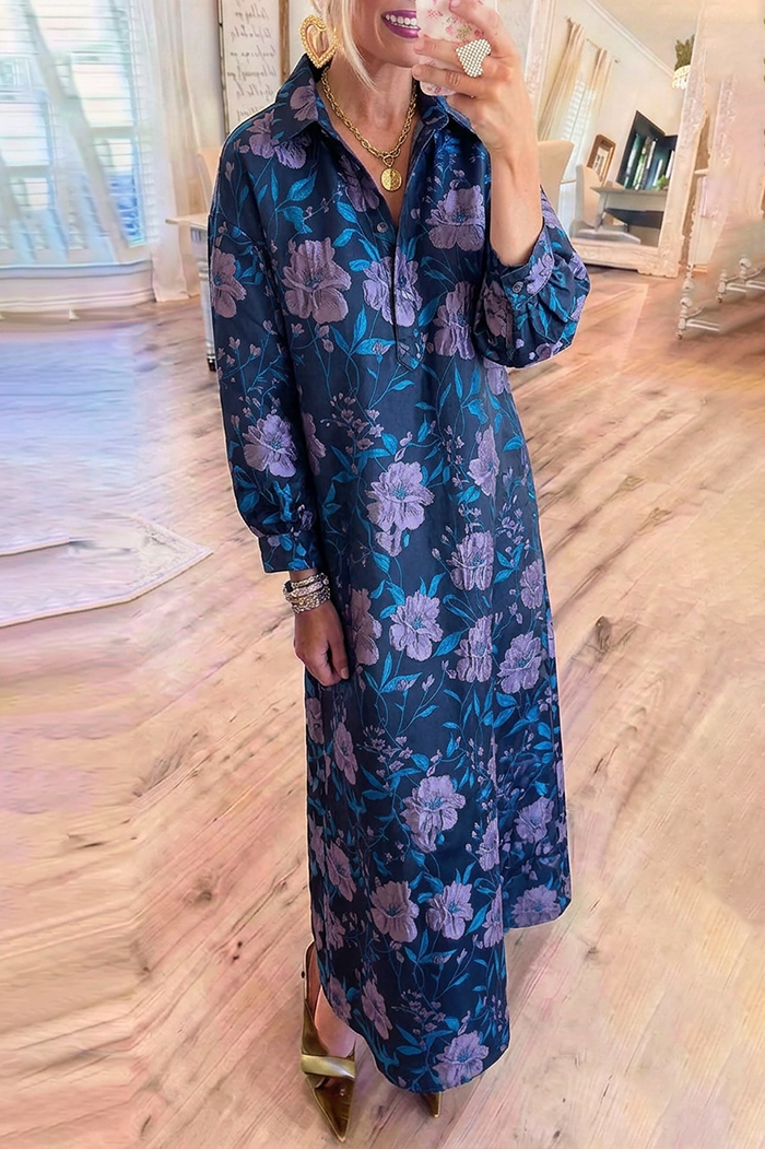Collared Button Front Floral Jacquard Maxi Dress