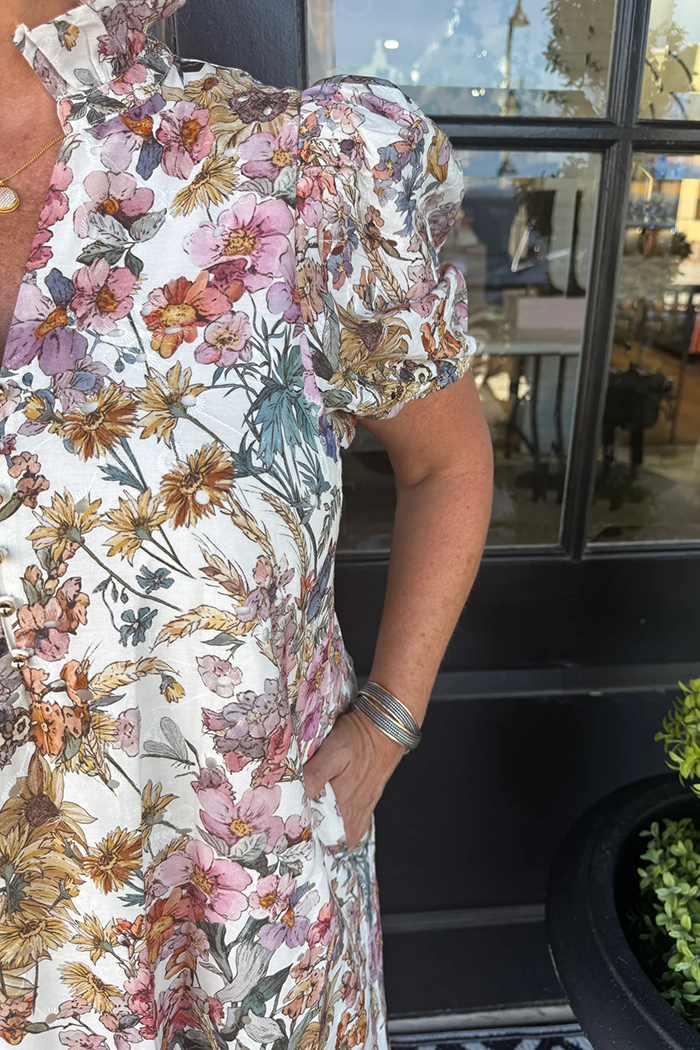 Ecru Puff Short Sleeve Multi Floral Dress