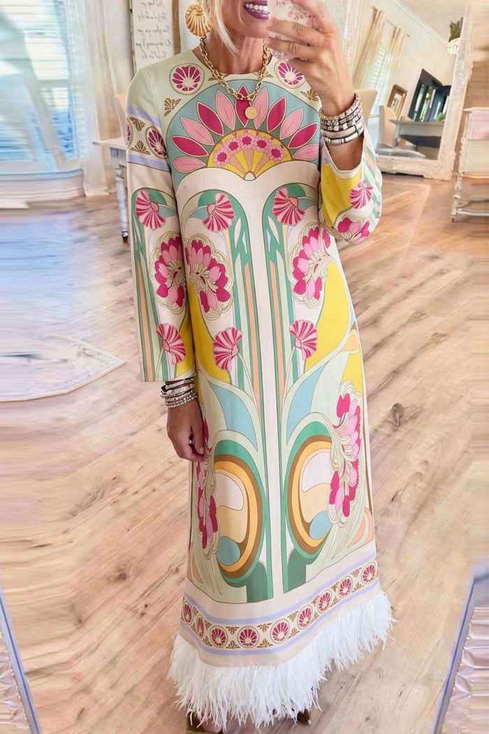 Floral Round Neck Long Sleeve Fringe Hem Maxi Dress