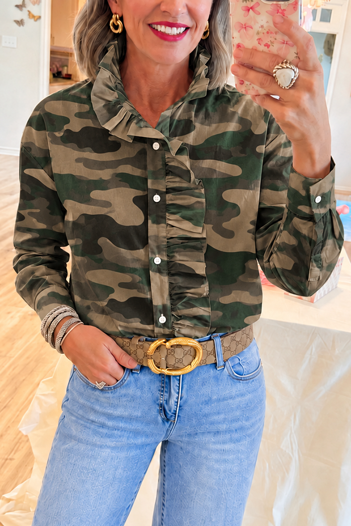 Camo Ruffled Trim Button-Up Top