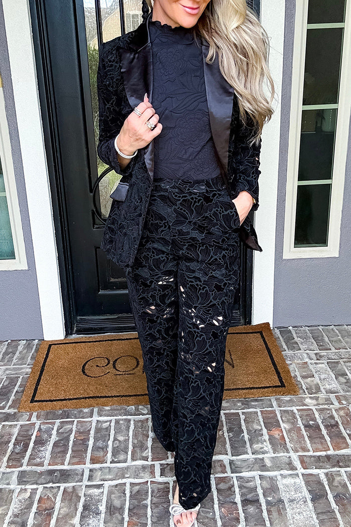 Black Lace Satin Lapel Blazer