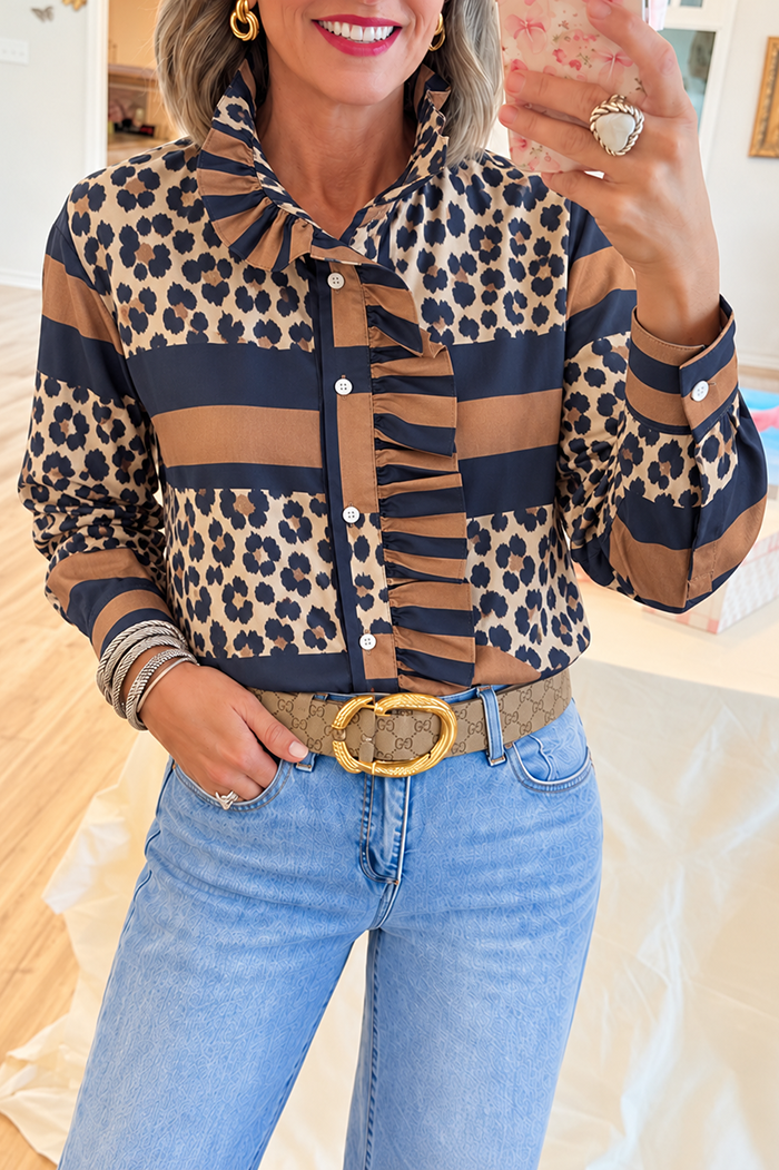 Casual Leopard Plaid Patchwork Ruffle Shirt