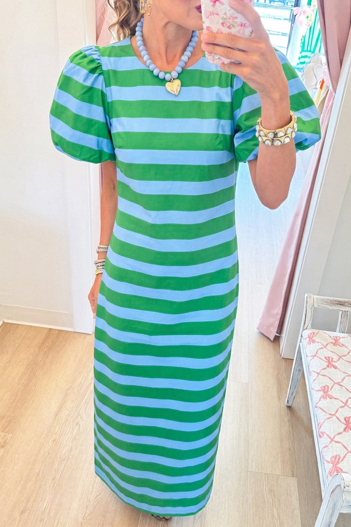 Green Sky Stripe Puff Sleeve Shift Dress