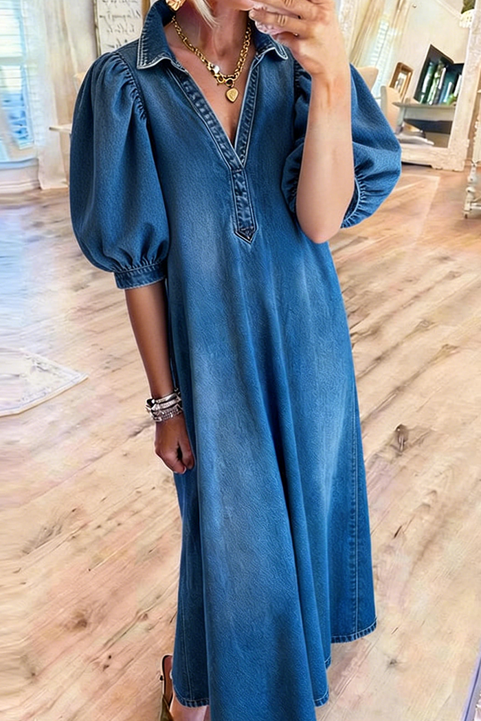 Denim Puff Sleeve Midi Dress