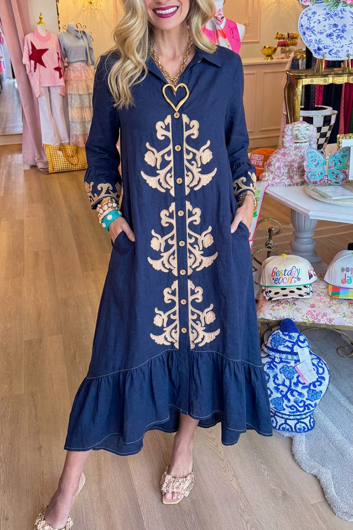 Collared Button Front Pocket Ruffle Hem Denim Maxi Dress