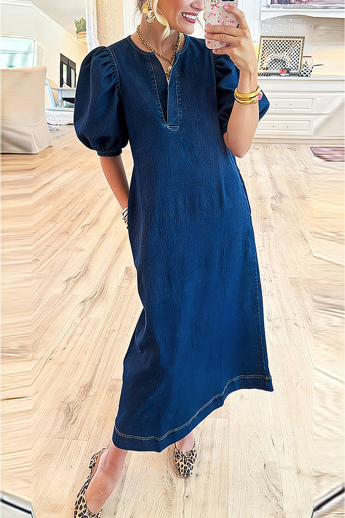 Puff Sleeve Denim Pocket Maxi Dress