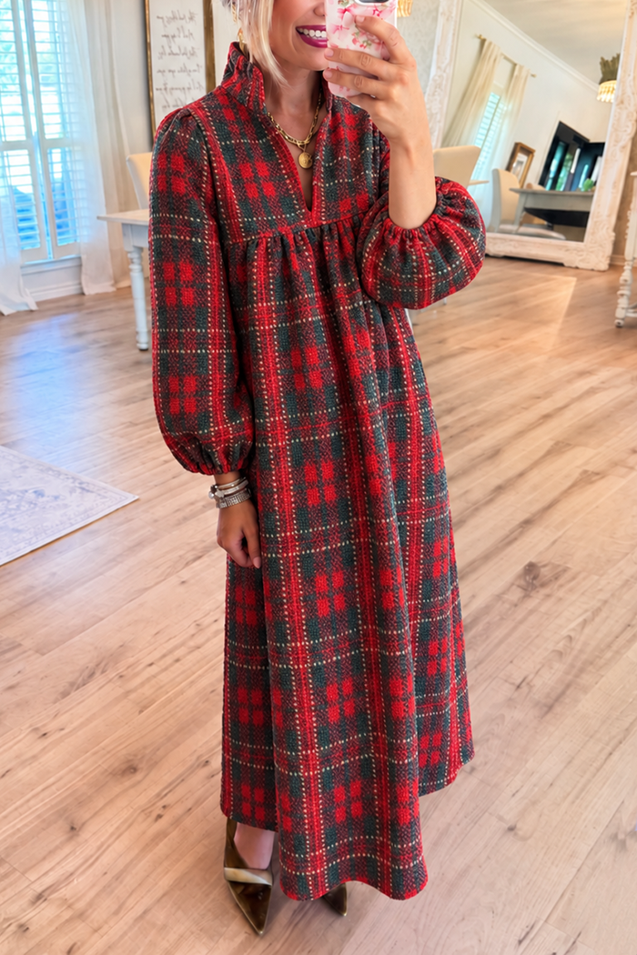 Red and Green Plaid Pocket Knit Maxi Dress