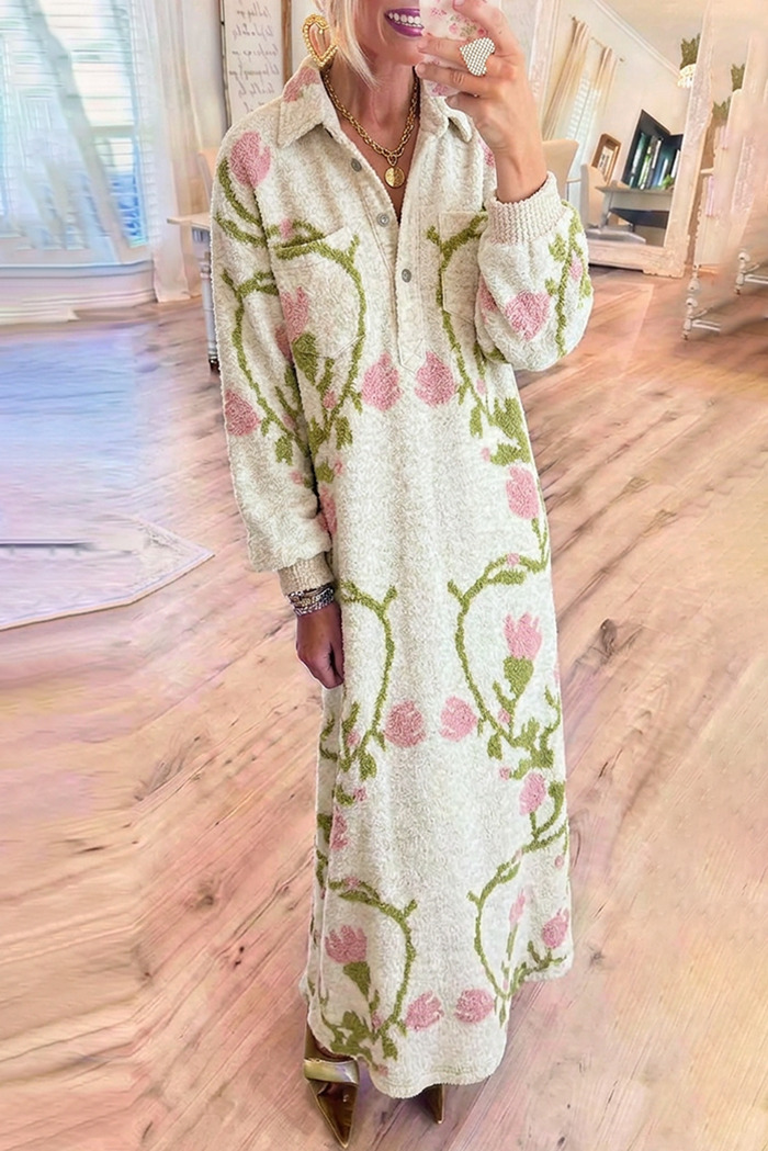 Cream Collared Knit Embroidered Floral Pockets Maxi Dress