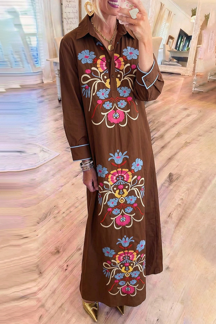 Brown Floral Embroidered Pocket Maxi Dress