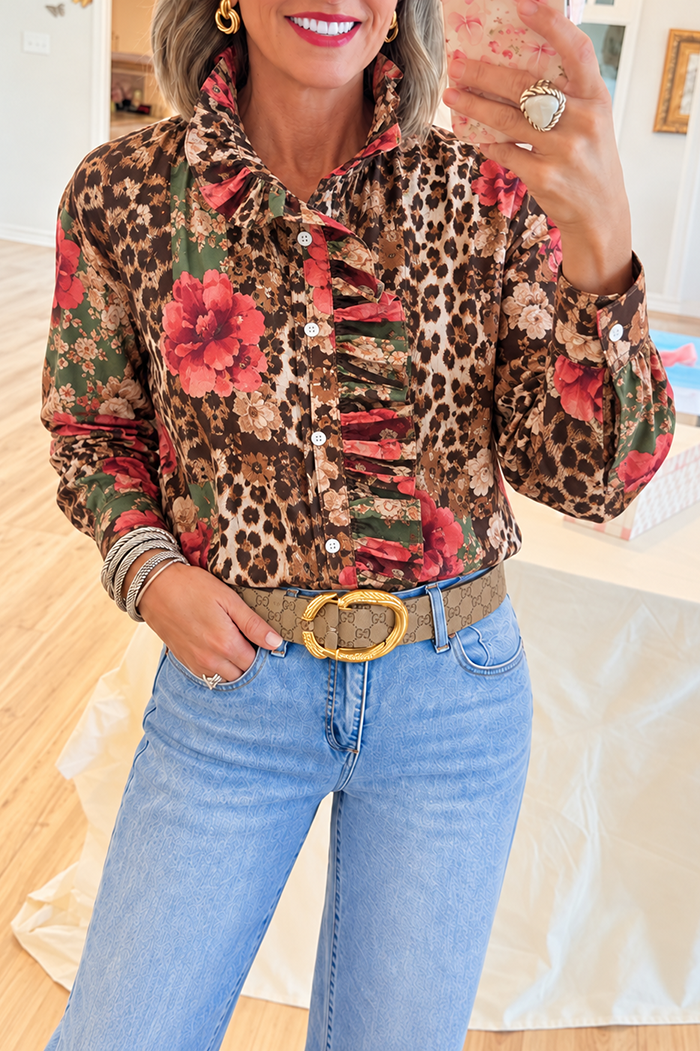 Casual Floral And Leopard Patchwork Ruffle Shirt