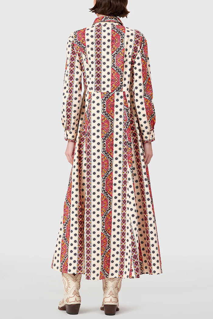 Classic Print Full-Button Pocket Midi Dress