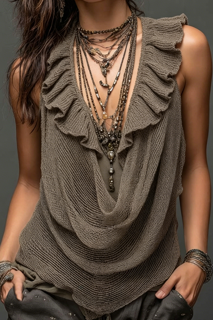 Ruffled Trim Mesh Knit Sleeveless Top