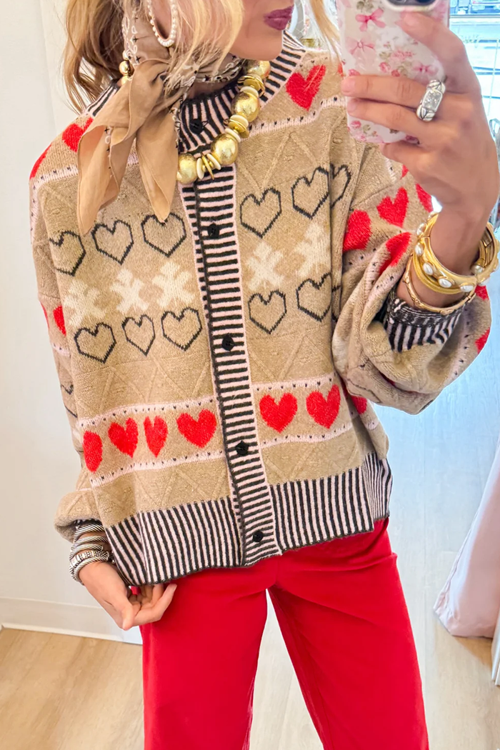 Heart Pattern Balloon Long Sleeve Stripe Trim Button Cardigan