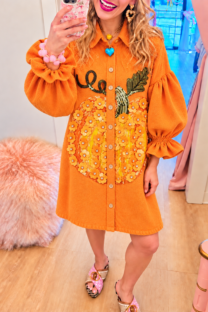 Orange Floral Pumpkin Knit Dress