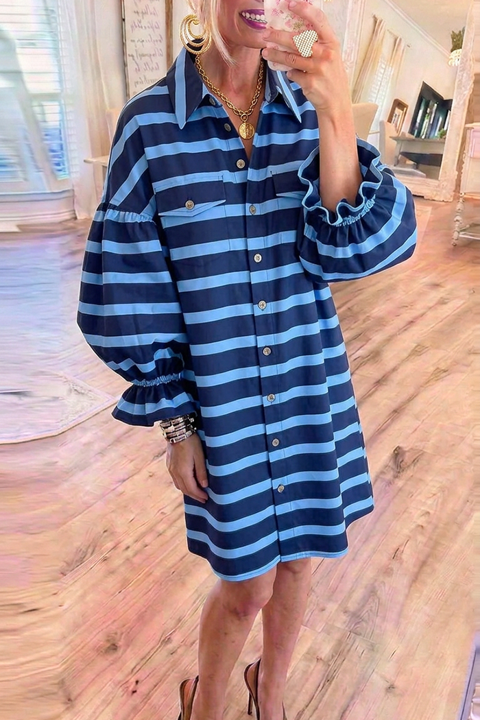 Stripe Collared Pockets Ruffle Balloon Cuff Button Front Shirt Dress