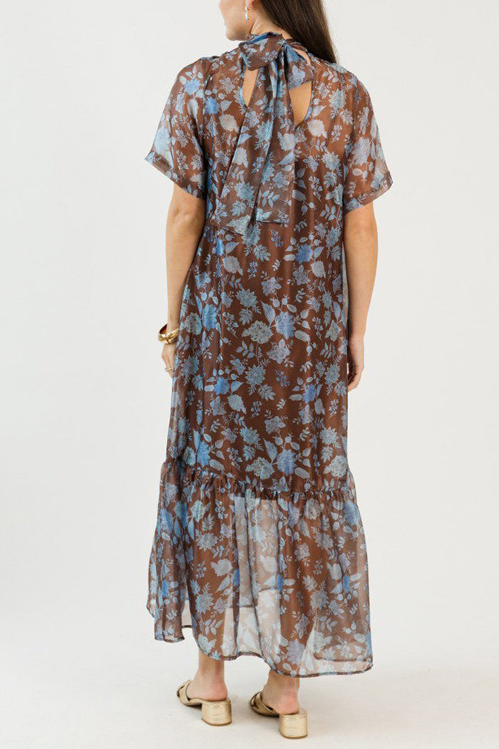 Mock Neck Short Sleeve Back Tie Floral Tiered Maxi Dress