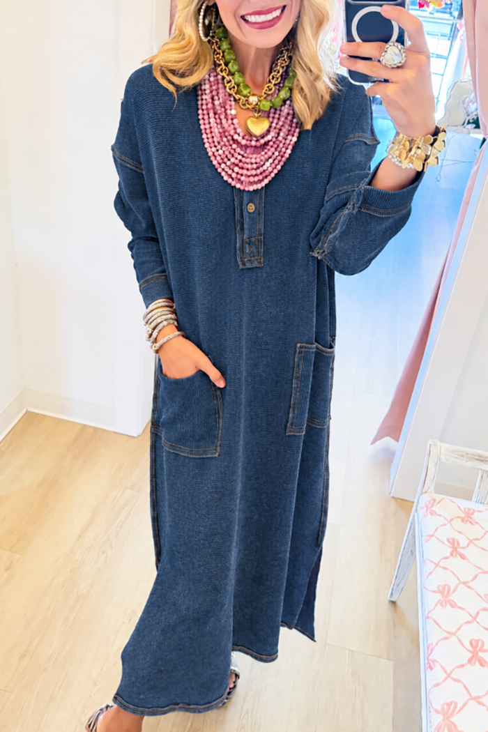 Long Sleeve Side Slit Denim Pockets Maxi Dress