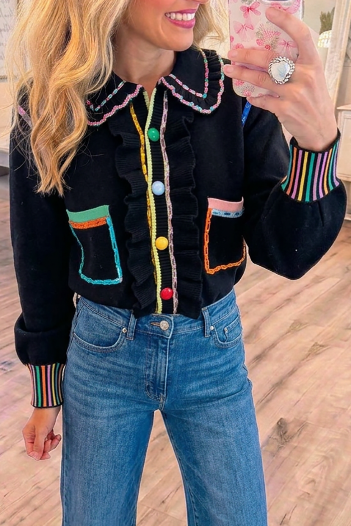 Black Ruffle Collar Knit Colorful Trim Pockets Top