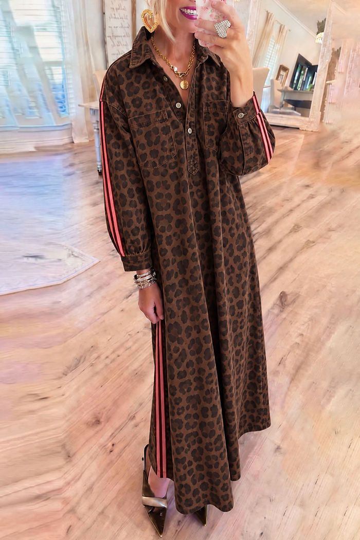 Leopard Denim Side Stripe Pockets Maxi Dress