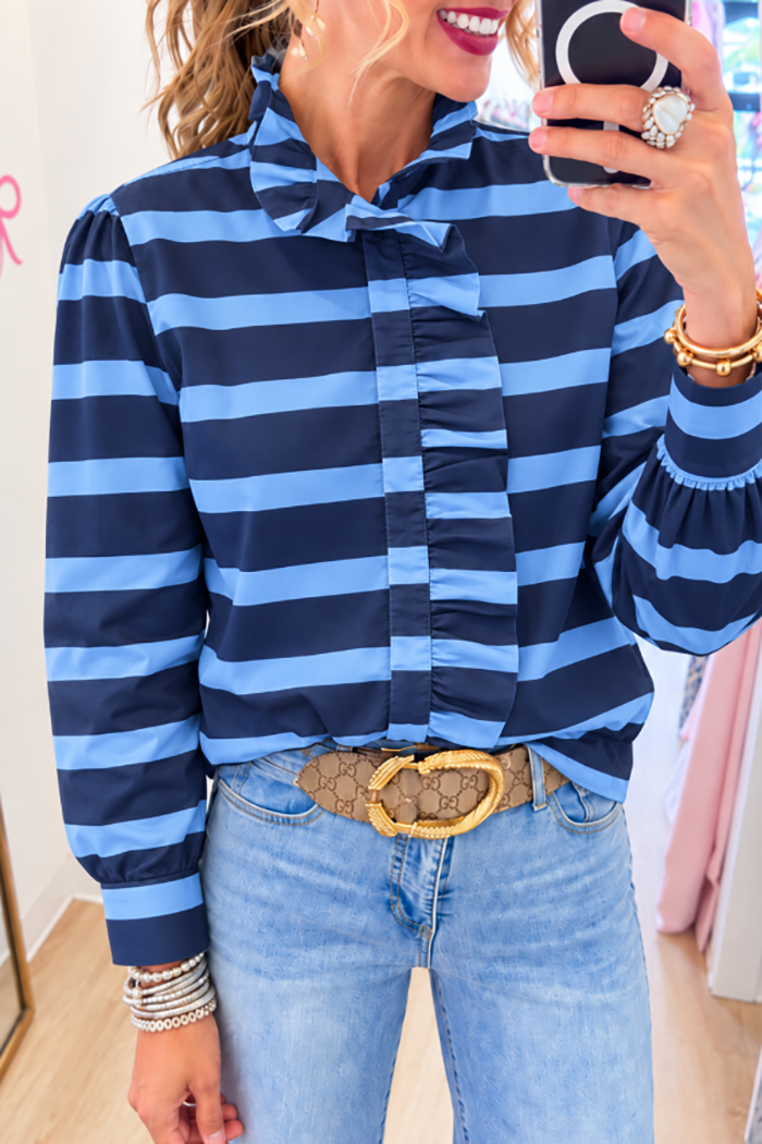 Blue Stripe Ruffle Collar Balloon Sleeve Top