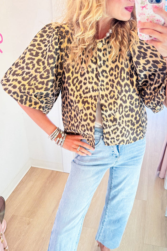 Leopard Balloon Sleeve Cropped Jacket