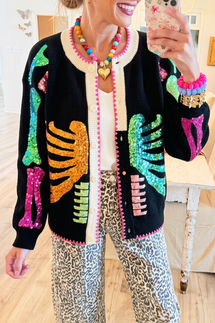 Round Neck Knit Colorful Skeleton Sequin Cardigan