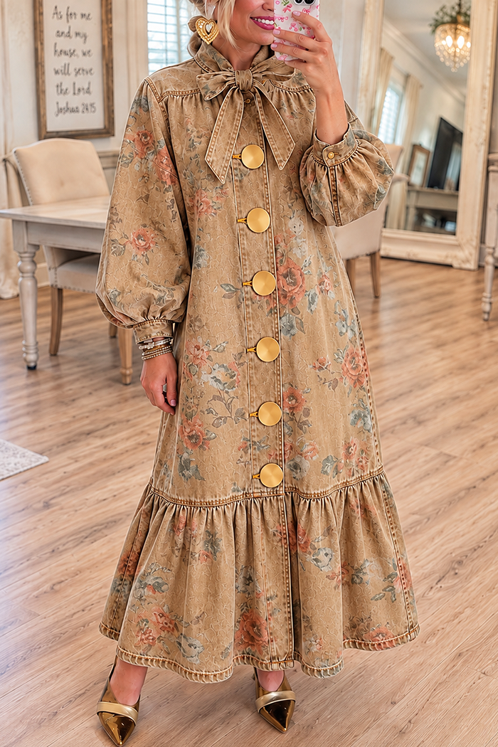 Khaki Denim Floral Bow Neck Maxi Dress