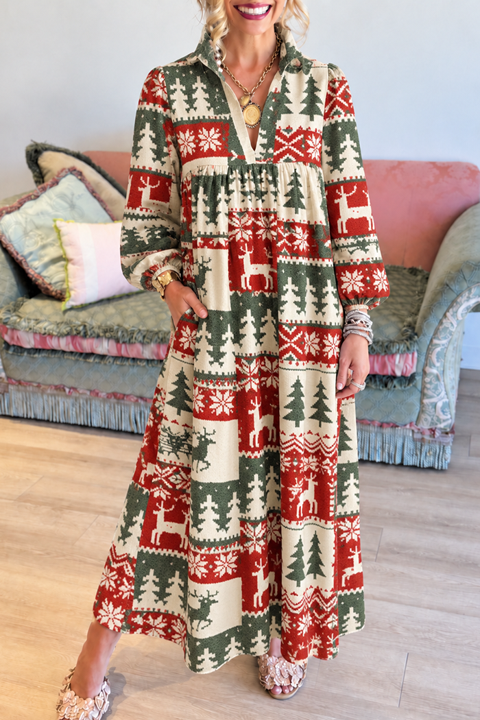 Christmas Print Stand Collar Pockets Maxi Dress