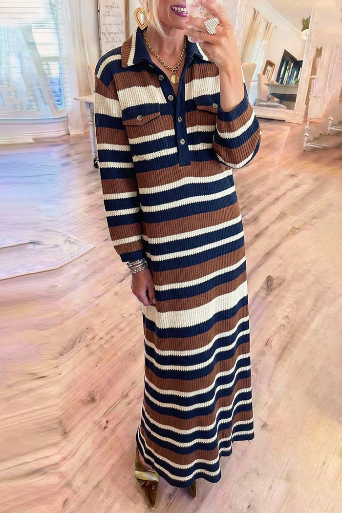 Stripe Ribbed Knit Half‑Button Pockets Maxi Dress