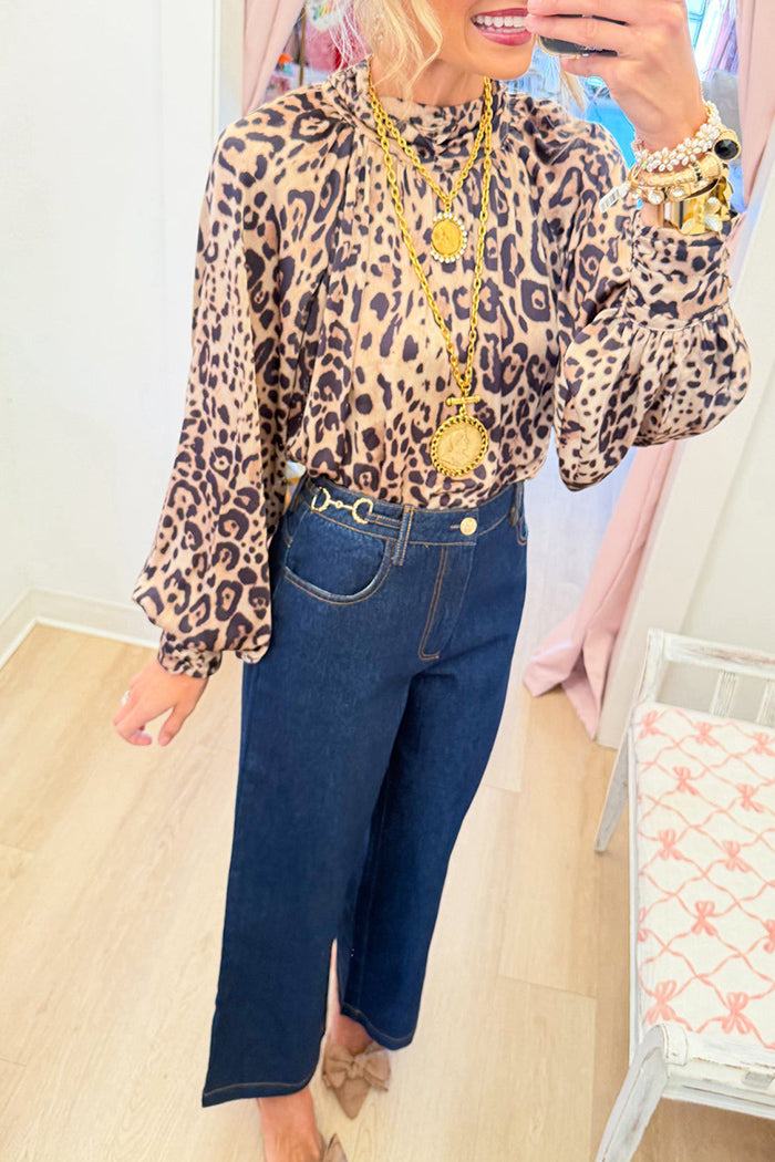 Camel Leopard Balloon Sleeve Top