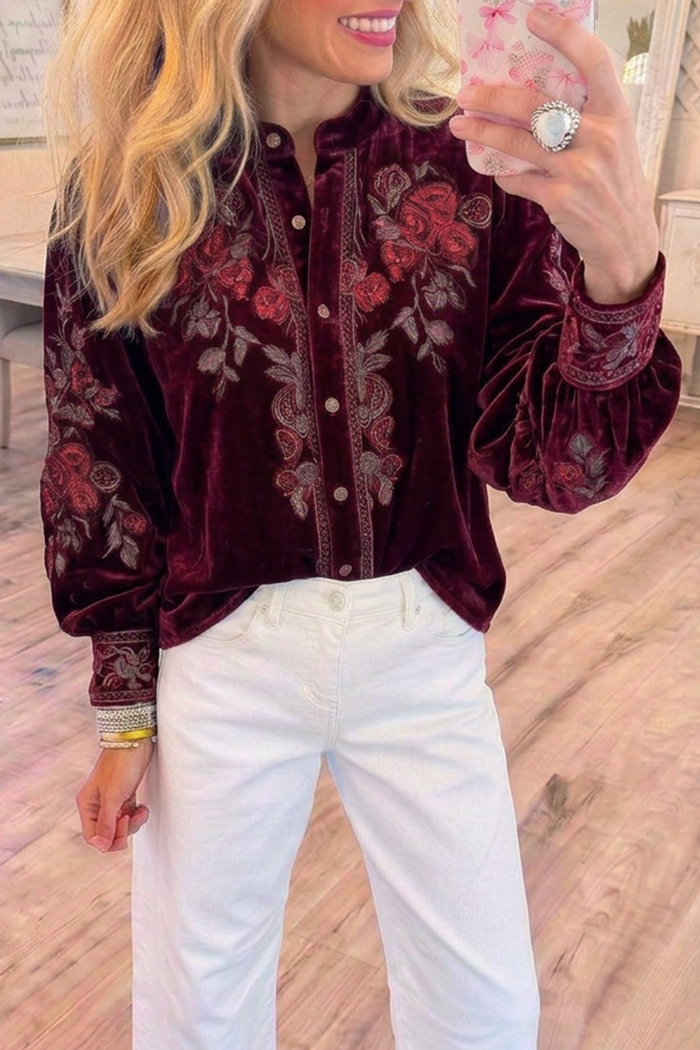 Burgundy Velvet Floral Long Sleeve Top