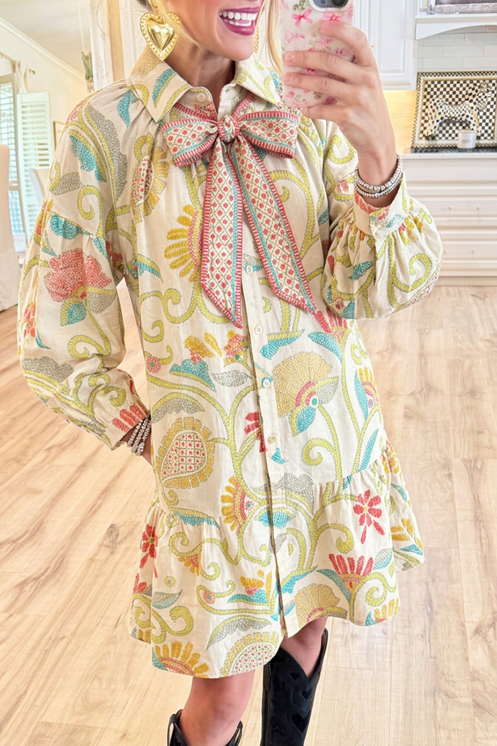 Floral Print Shirt Collar Bow Tie Balloon Sleeves Pockets Shirt Dress