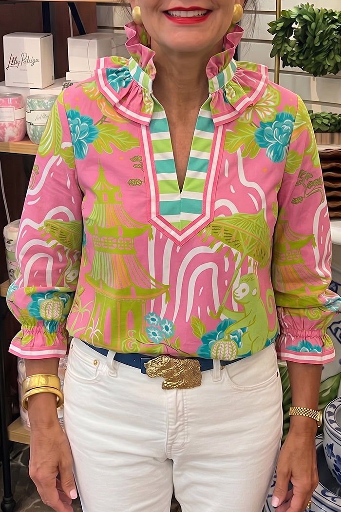 Ruffle Neck Striped Trim Print Top