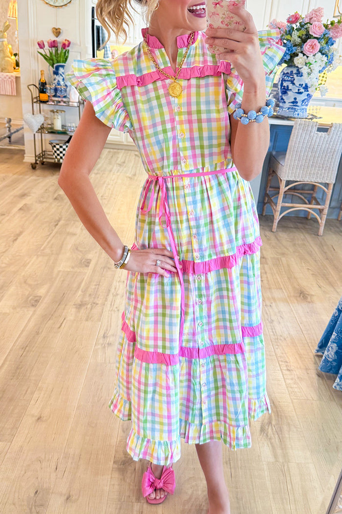 Plaid Flutter Sleeve Maxi Dress
