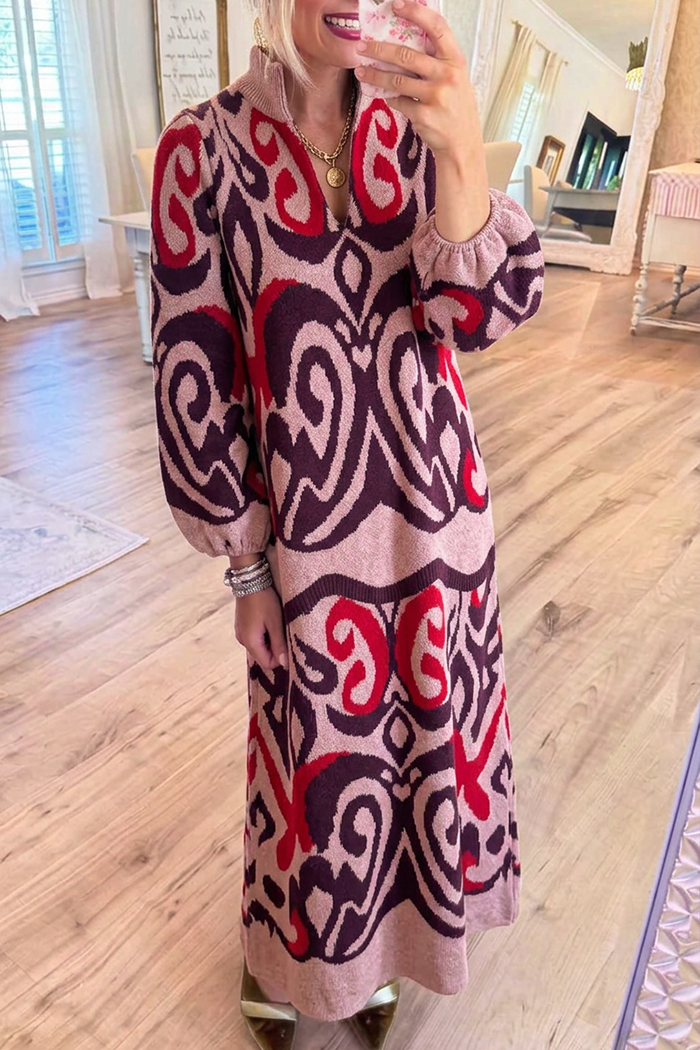Abstract Jacquard Knit Stand Collar Bubble Cuff Sleeve Maxi Dress