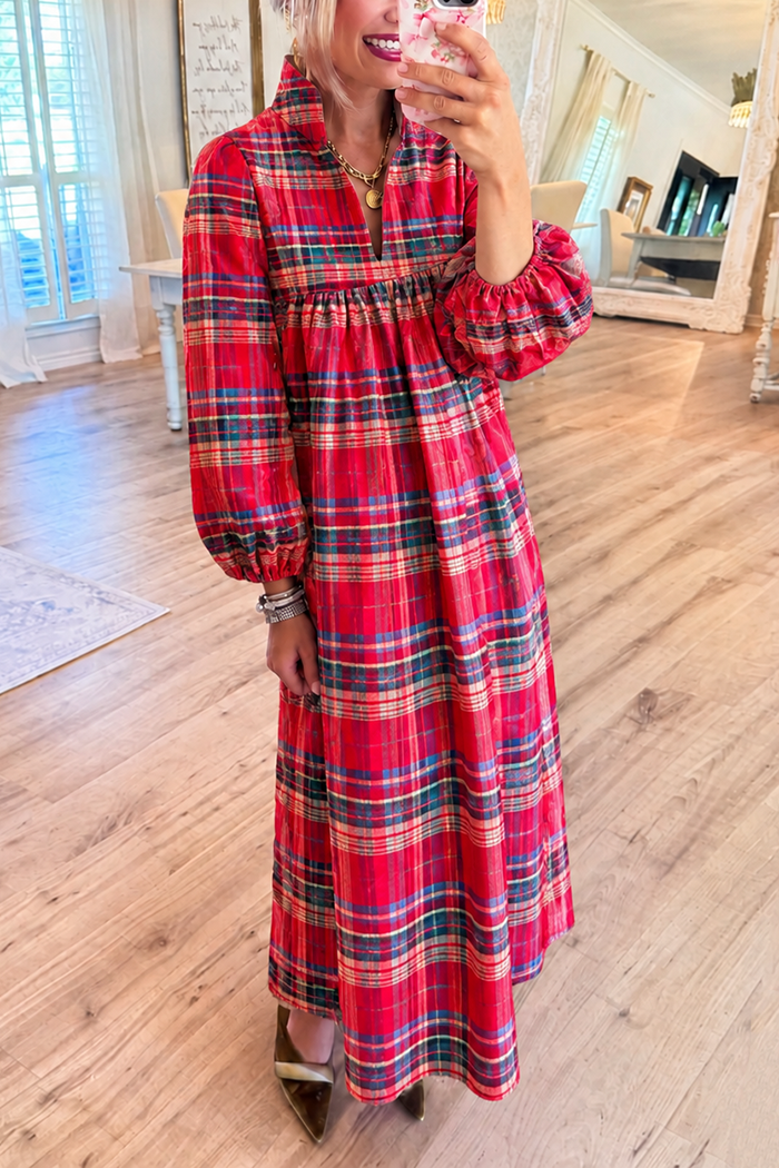 Long Bubble Sleeves Plaid Pocket Maxi Dress
