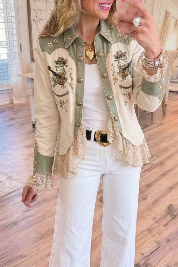 Cream Sage Collared Frog Cowboy Floral Lace Ruffle Hem Long Sleeve Jacket