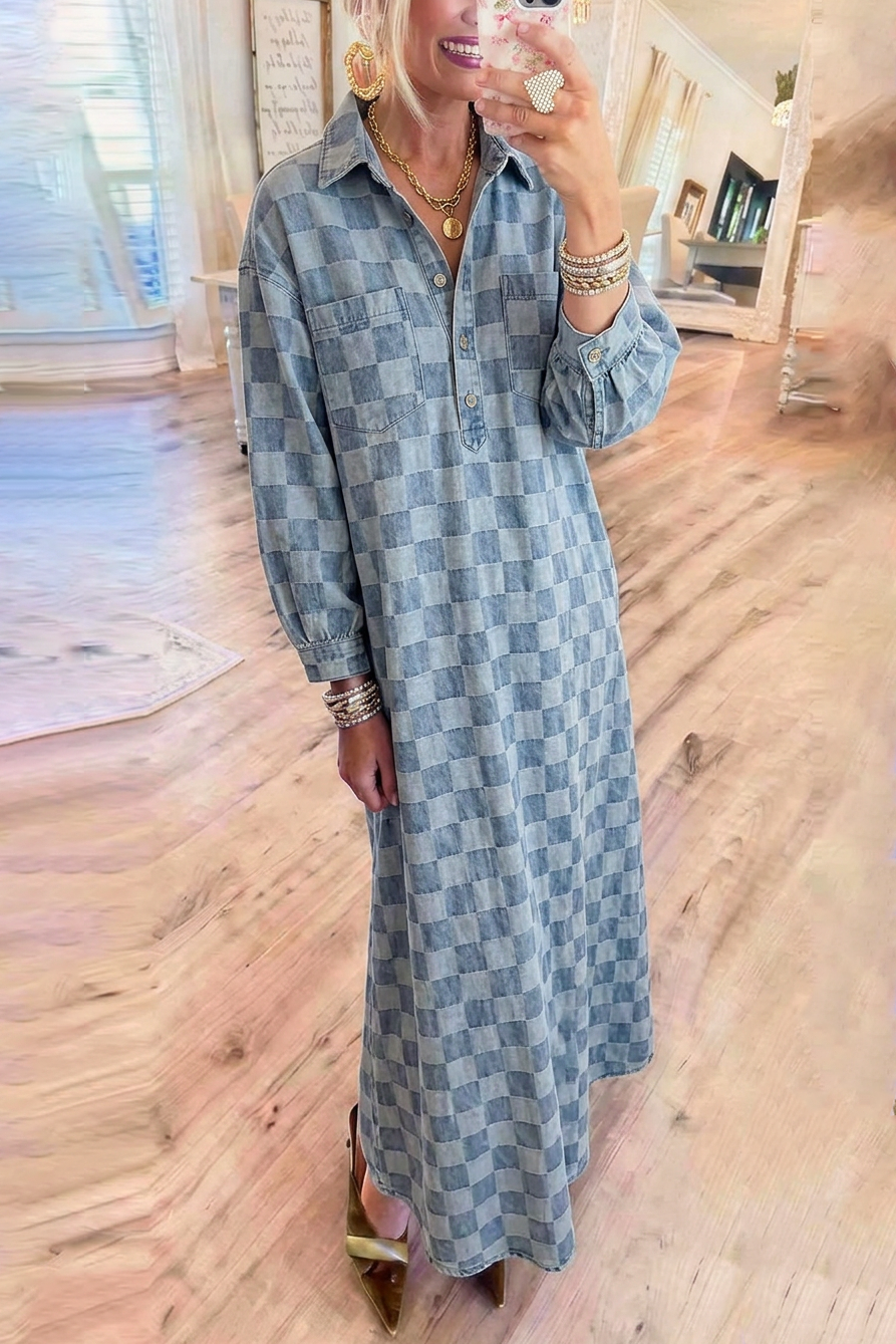 Checkered Denim Long Sleeve Maxi Dress