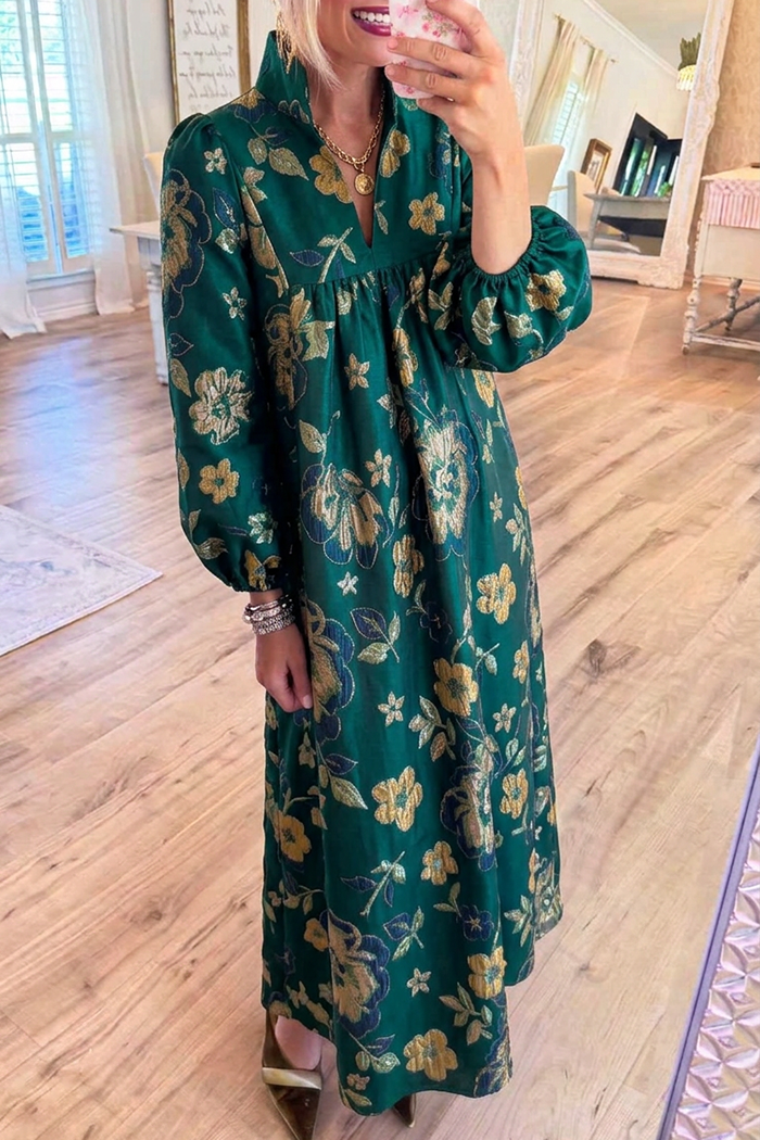 Green Floral Jacquard Pockets Maxi Dress