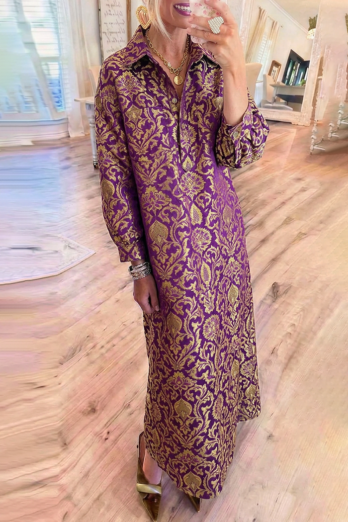 Baroque Jacquard Collar Half‑Button Pockets Maxi Dress