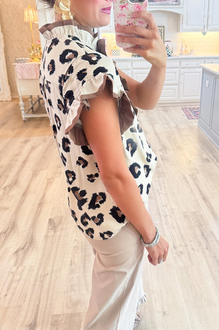Leopard Ruffle Neck Button Top