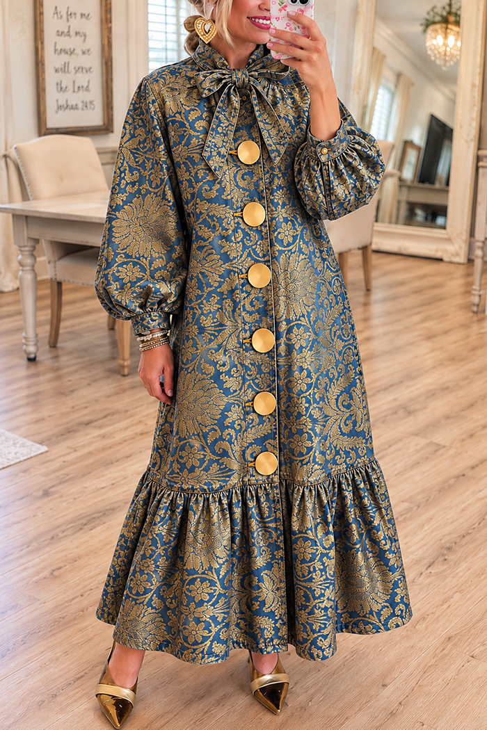 Blue Gold Floral Big Button Ruffle Maxi Dress