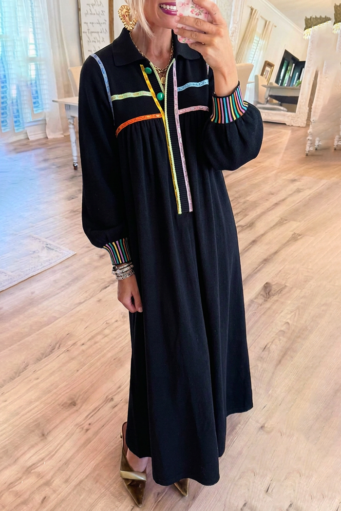 Black Collared Knit Colorful Piping Pockets Maxi Dress