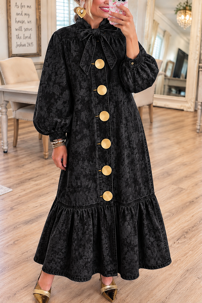 Black Floral Bow Neck Maxi Dress