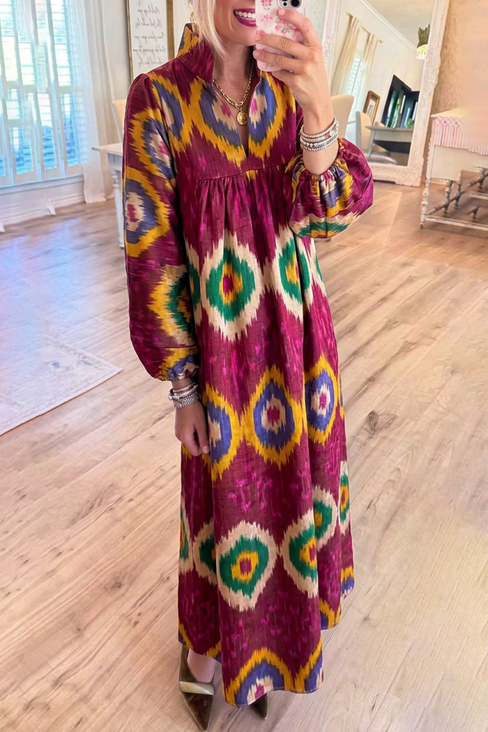 Ikat Print Stand Collar Balloon Sleeves Pockets Maxi Dress