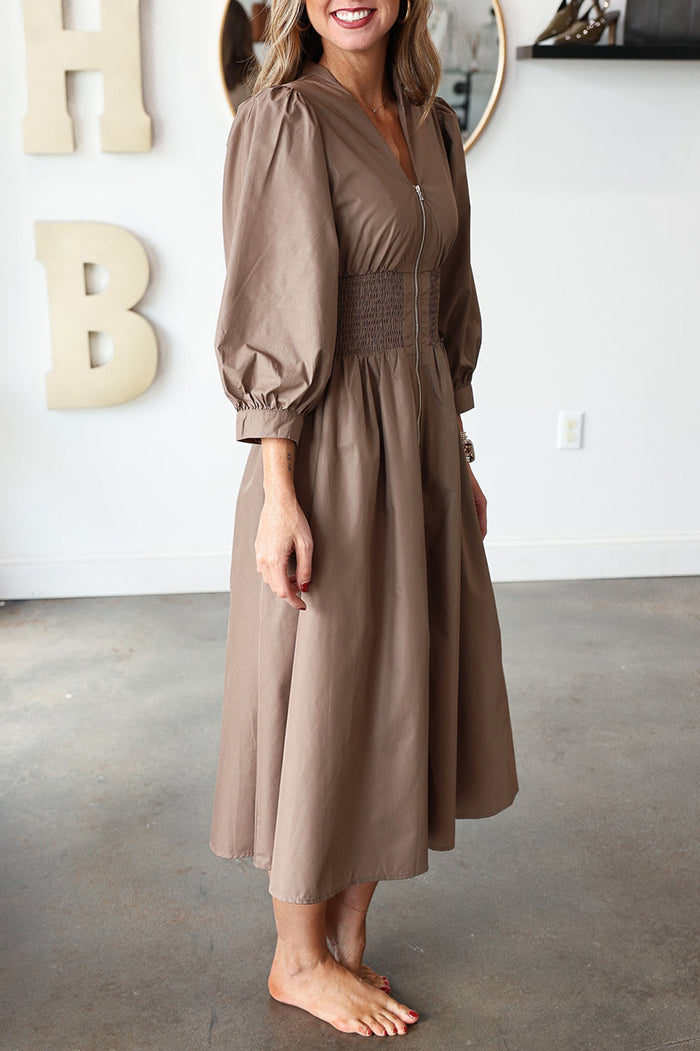 Smocked Waist Front Zip Pocket Dress